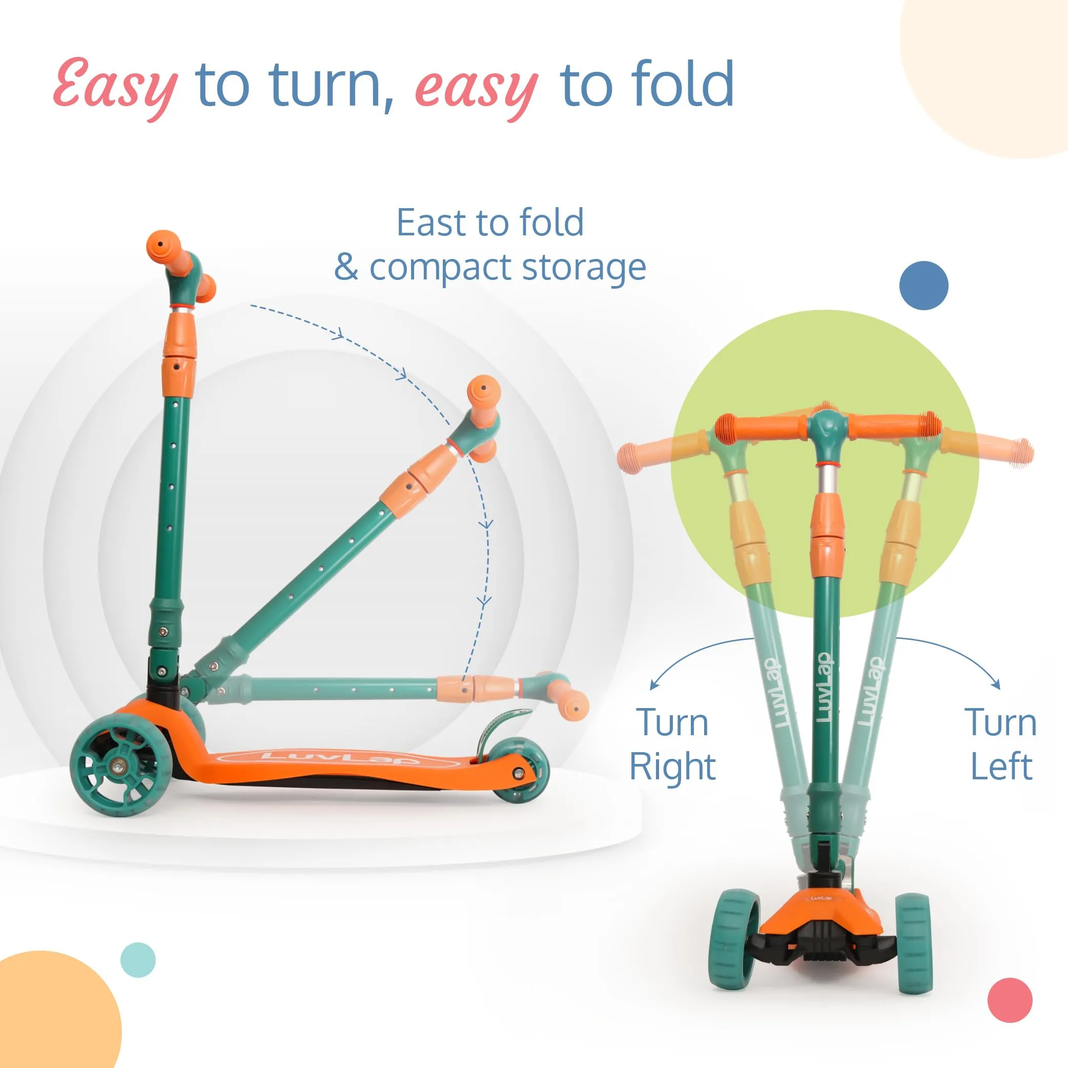 LuvLap Joy Scooter for Kids- Toddler 3-Wheel Kick Scooter with LED Lights | Stable First Ride for 3-10 Year | Adjustable Height & Easy-Grip Handlebars | Fun Outdoor Gear for Kids, Green & Orange
