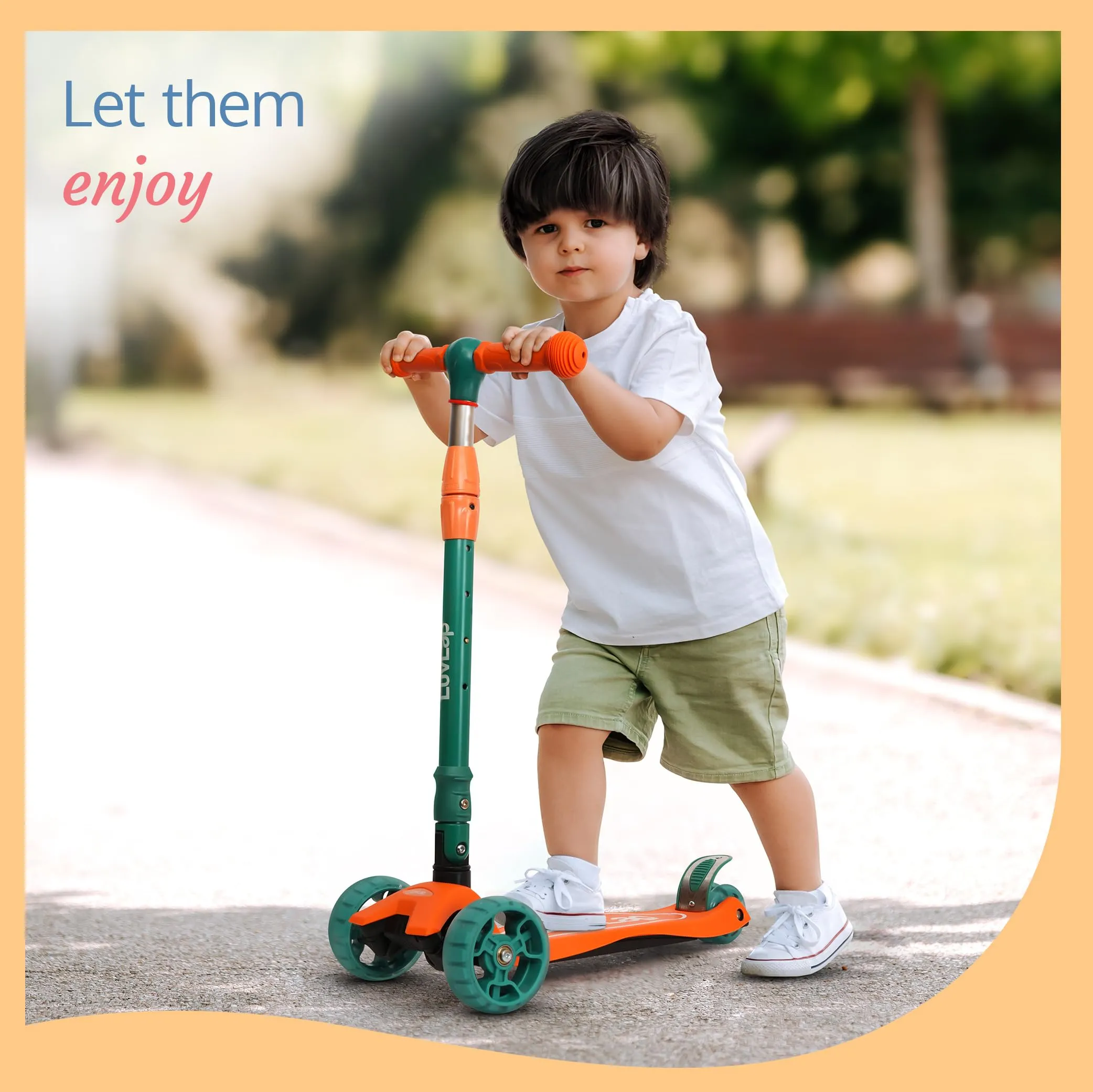 LuvLap Joy Scooter for Kids- Toddler 3-Wheel Kick Scooter with LED Lights | Stable First Ride for 3-10 Year | Adjustable Height & Easy-Grip Handlebars | Fun Outdoor Gear for Kids, Green & Orange