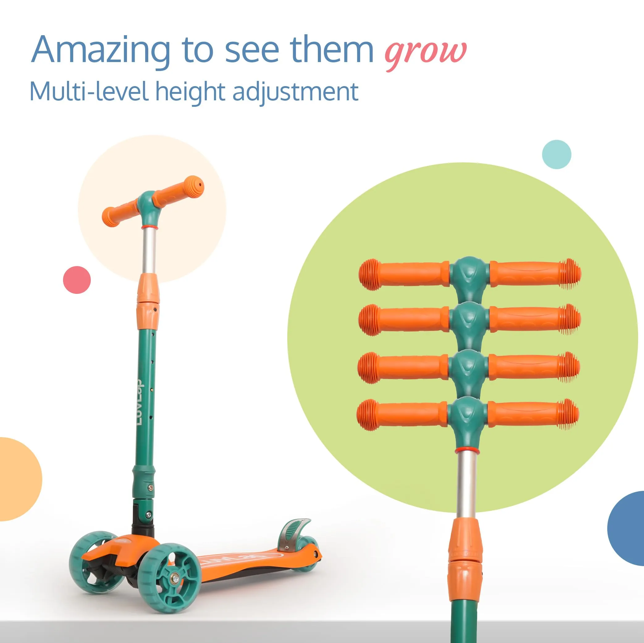 LuvLap Joy Scooter for Kids- Toddler 3-Wheel Kick Scooter with LED Lights | Stable First Ride for 3-10 Year | Adjustable Height & Easy-Grip Handlebars | Fun Outdoor Gear for Kids, Green & Orange