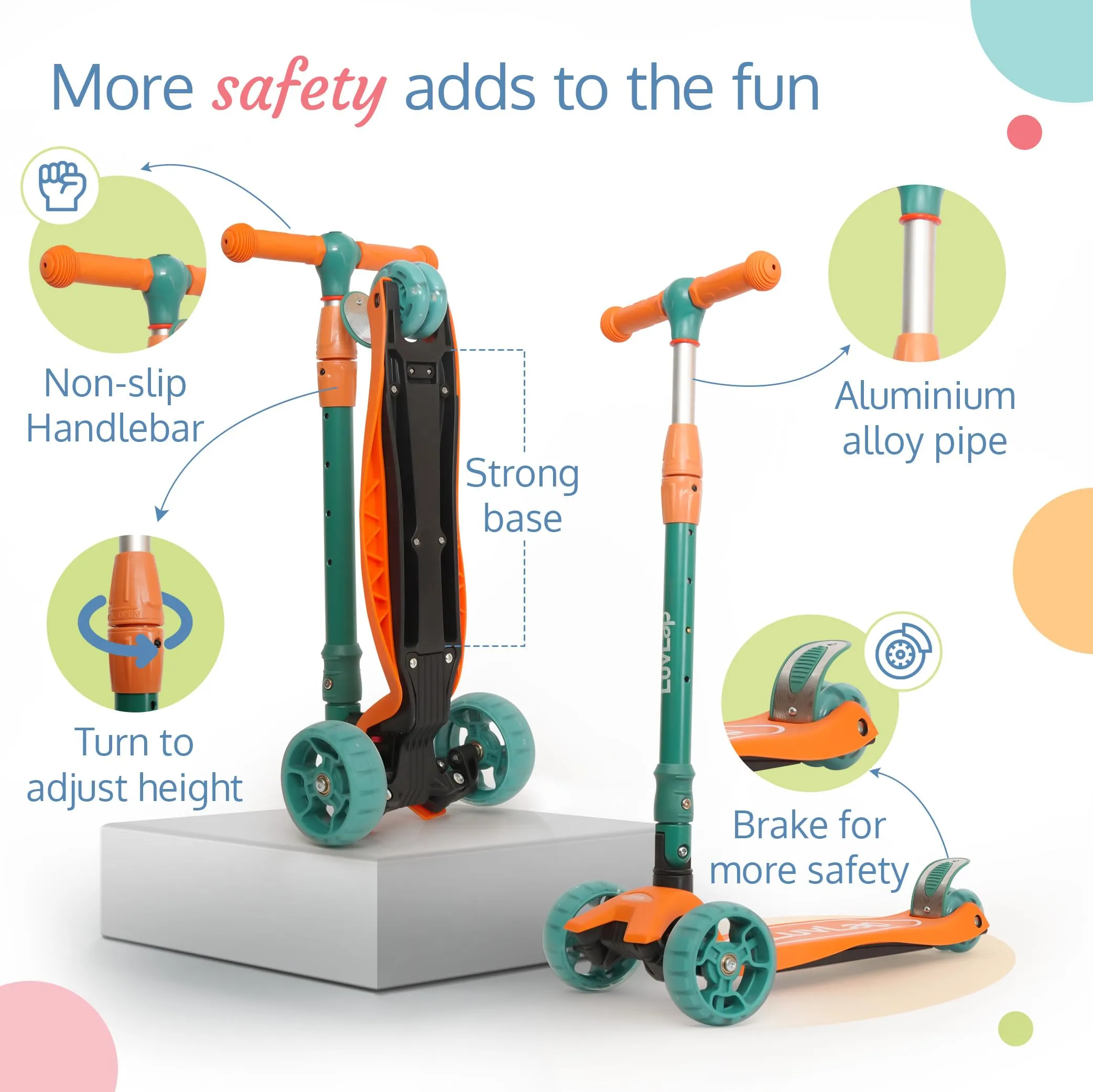 LuvLap Joy Scooter for Kids- Toddler 3-Wheel Kick Scooter with LED Lights | Stable First Ride for 3-10 Year | Adjustable Height & Easy-Grip Handlebars | Fun Outdoor Gear for Kids, Green & Orange