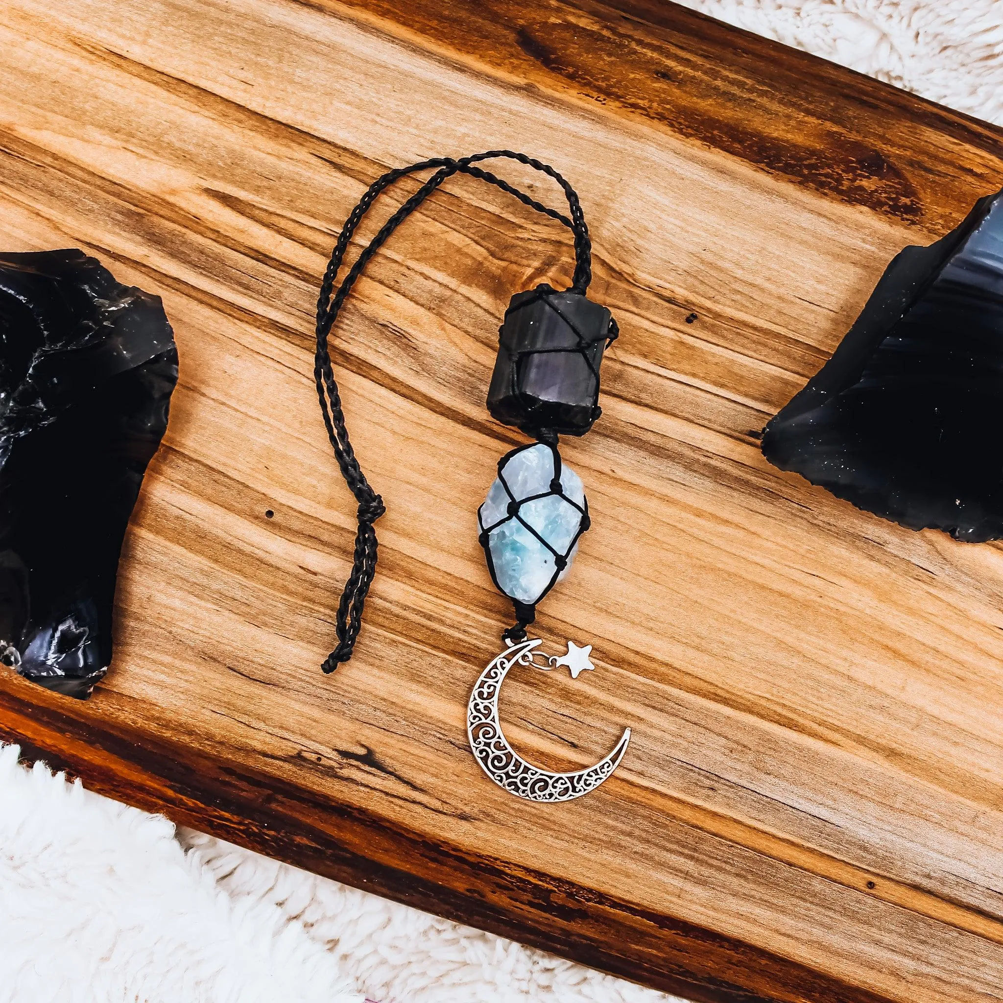 Peaceful Crescent Moon Gemstone Hanging Charm – Grounding Energy for Inner Peace