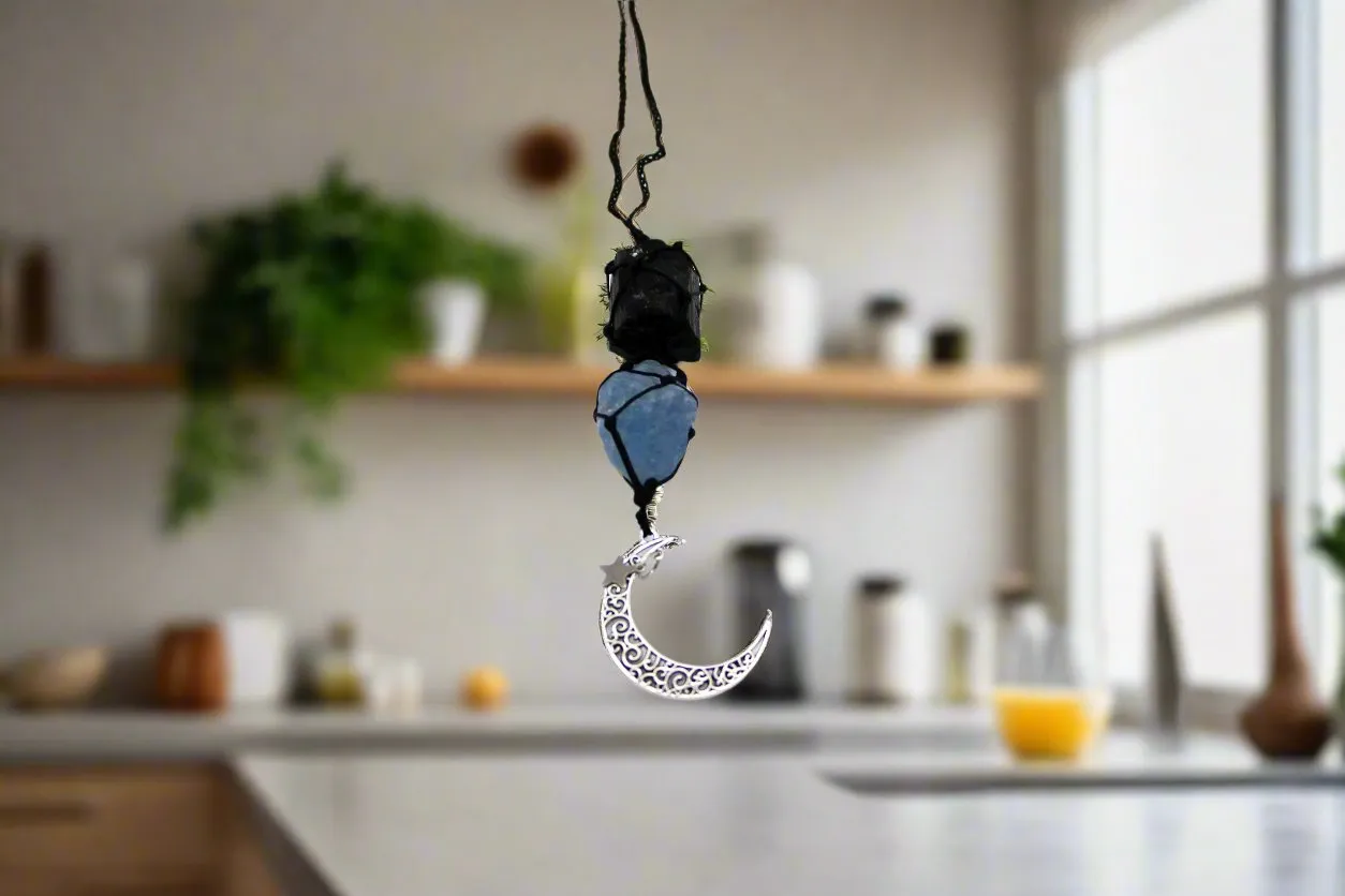 Peaceful Crescent Moon Gemstone Hanging Charm – Grounding Energy for Inner Peace